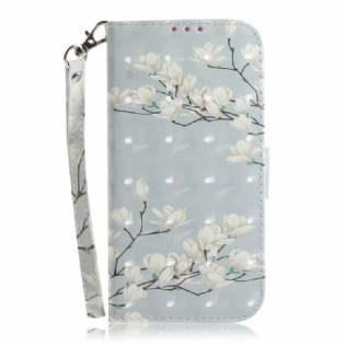 Læder Cover Xiaomi Redmi 9C Med Snor Blomstrende Gren Med Rem