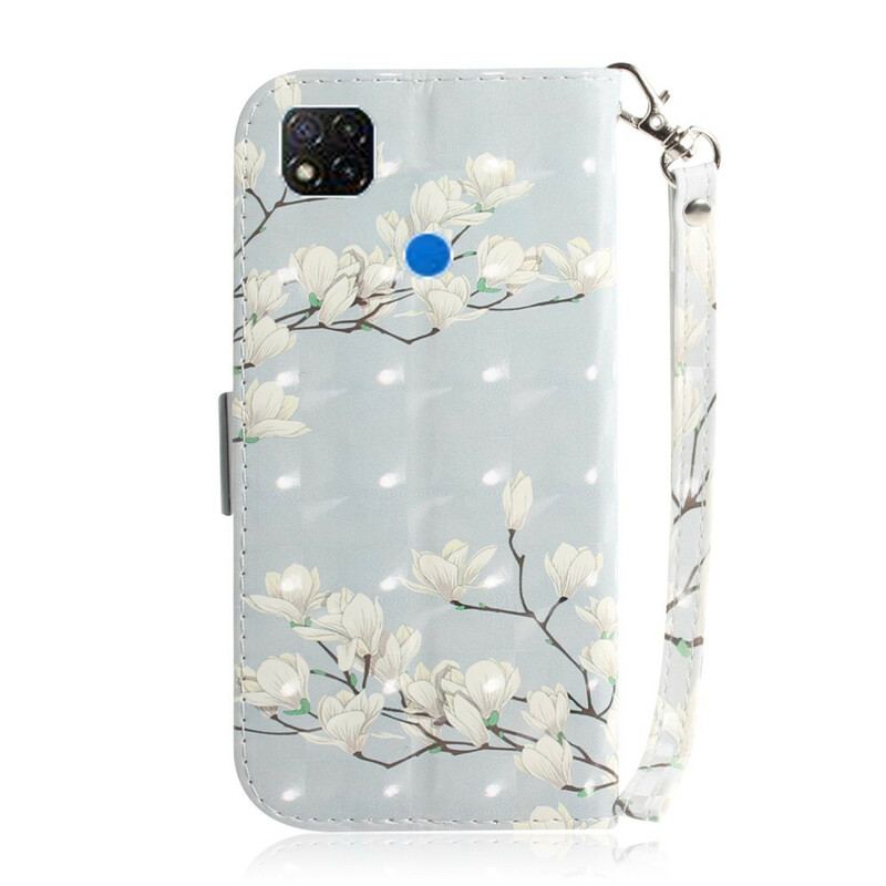 Læder Cover Xiaomi Redmi 9C Med Snor Blomstrende Gren Med Rem
