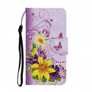 Læder Cover Xiaomi Redmi 9C Med Snor Southern Sommerfugle Og Blomster Thong