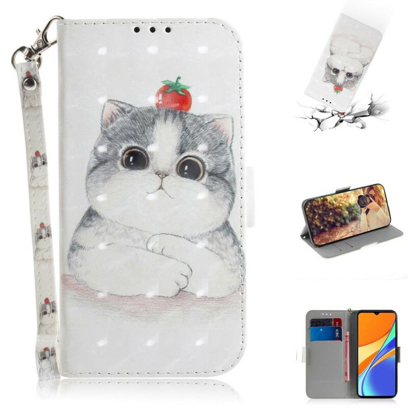 Læder Cover Xiaomi Redmi 9C Med Snor Tomat På Katten Med En Rem