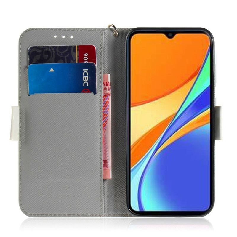 Læder Cover Xiaomi Redmi 9C Med Snor Tomat På Katten Med En Rem