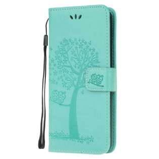 Flip Cover Google Pixel 4A Med Snor Thong Træ Og Ugler