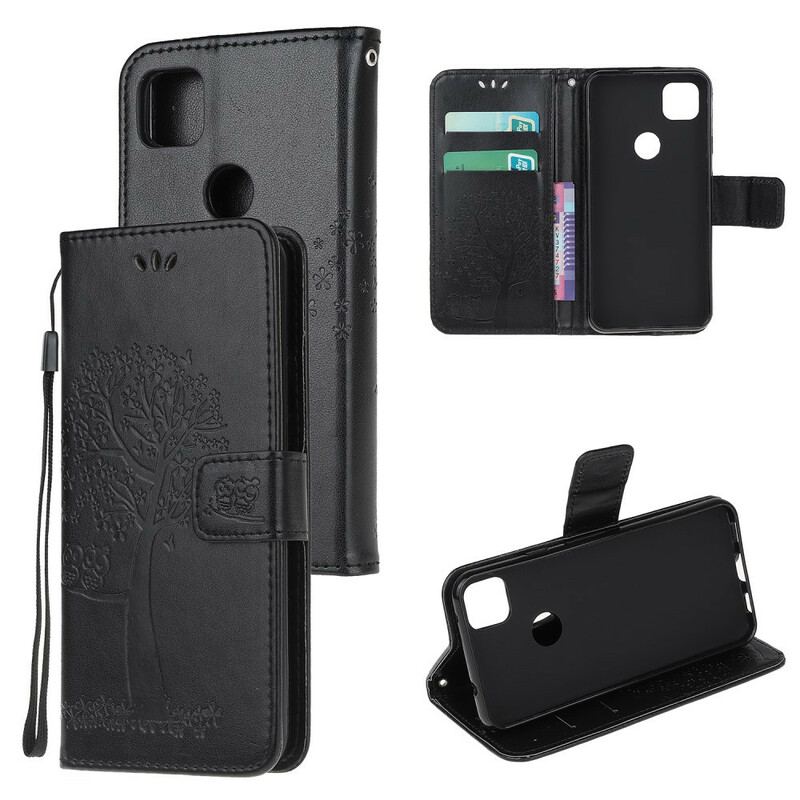 Flip Cover Google Pixel 4A Med Snor Thong Træ Og Ugler