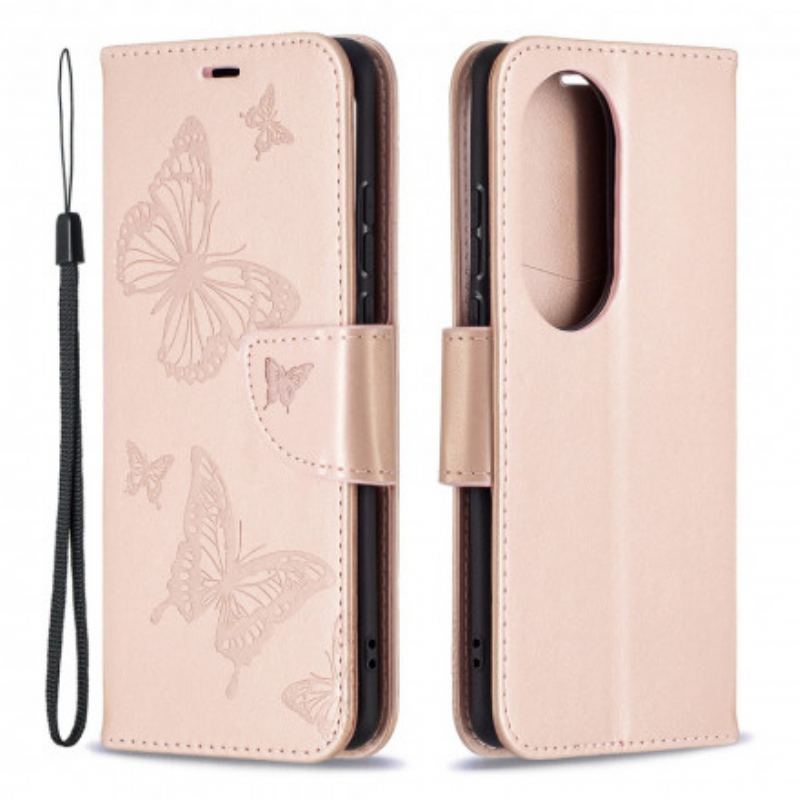 Flip Cover Huawei P50 Pro Læder Cover Sommerfugle Og Skrå Klap