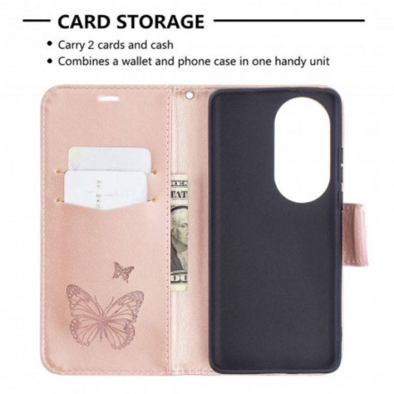 Flip Cover Huawei P50 Pro Læder Cover Sommerfugle Og Skrå Klap