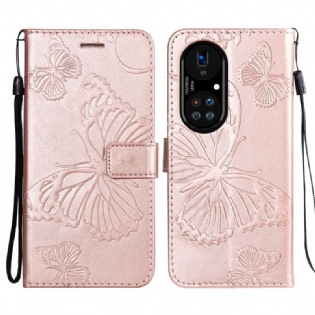 Flip Cover Huawei P50 Pro Med Snor Kæmpe Sommerfugle Med Rem