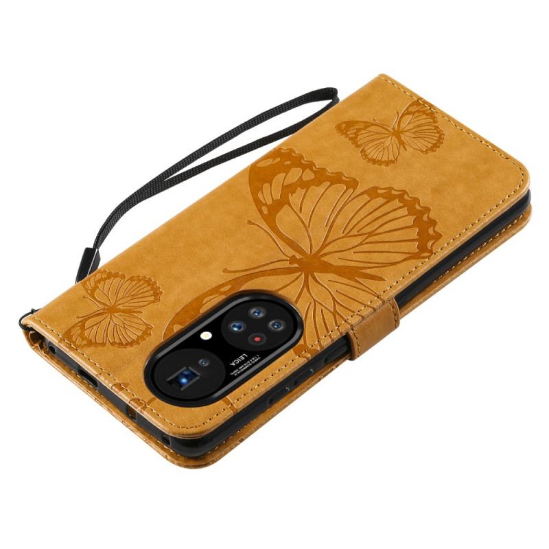 Flip Cover Huawei P50 Pro Med Snor Kæmpe Sommerfugle Med Rem