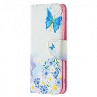 Læder Cover Huawei P50 Pro Malede Sommerfugle Og Blomster