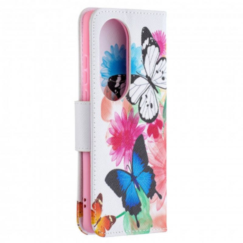 Læder Cover Huawei P50 Pro Malede Sommerfugle Og Blomster