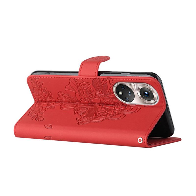 Læder Cover Huawei P50 Pro Med Snor Barok Strappy Tiger