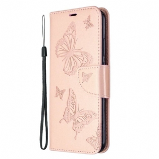 Læder Cover Huawei P40 Lite E Flip Cover Sommerfugle Og Skrå Klap