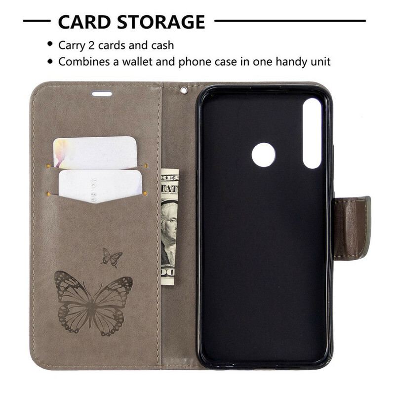 Læder Cover Huawei P40 Lite E Flip Cover Sommerfugle Og Skrå Klap