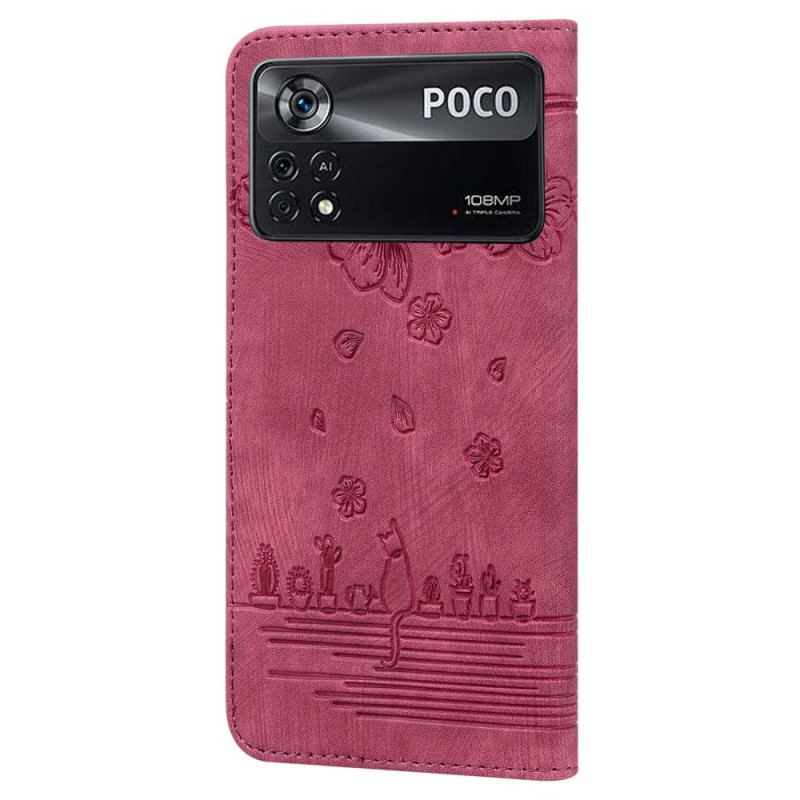 Læder Cover Poco X4 Pro 5G Med Snor Blomsterstreng Kat