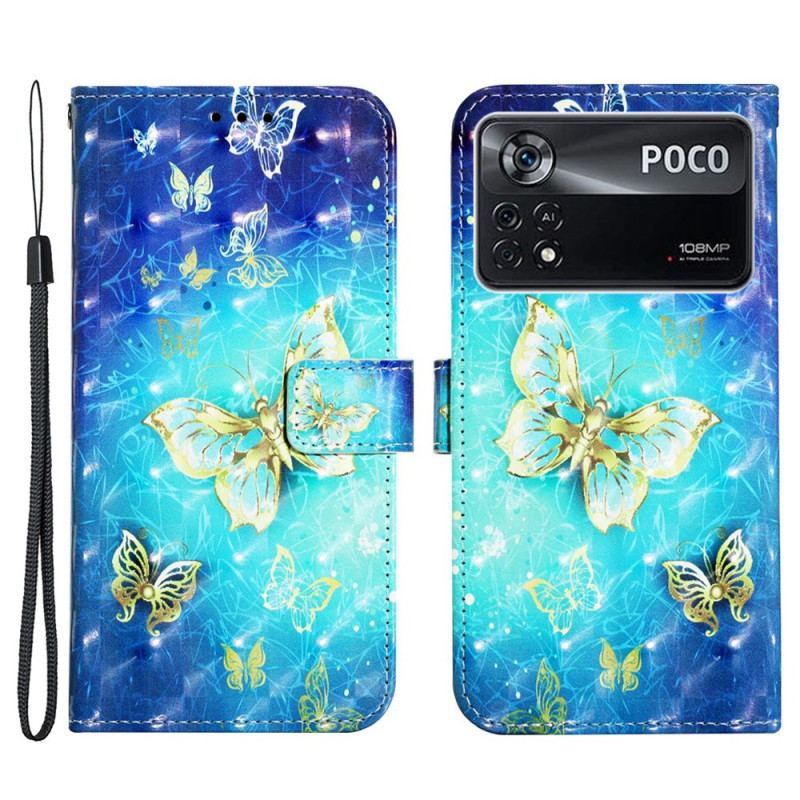 Læder Cover Poco X4 Pro 5G Med Snor Sommerfugleflyvning I Lanyard