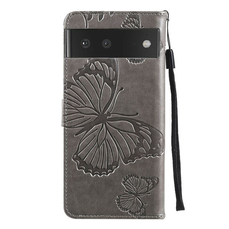 Flip Cover Google Pixel 6 Med Snor Kæmpe Sommerfugle Med Rem