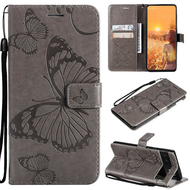 Flip Cover Google Pixel 6 Med Snor Kæmpe Sommerfugle Med Rem