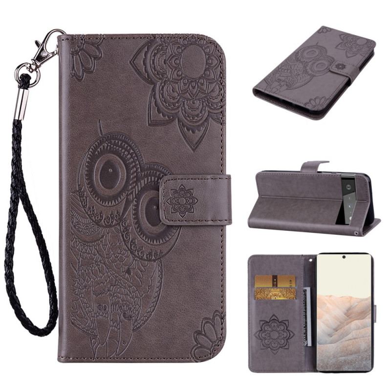 Flip Cover Google Pixel 6 Ugle Mandala Og Lanyard