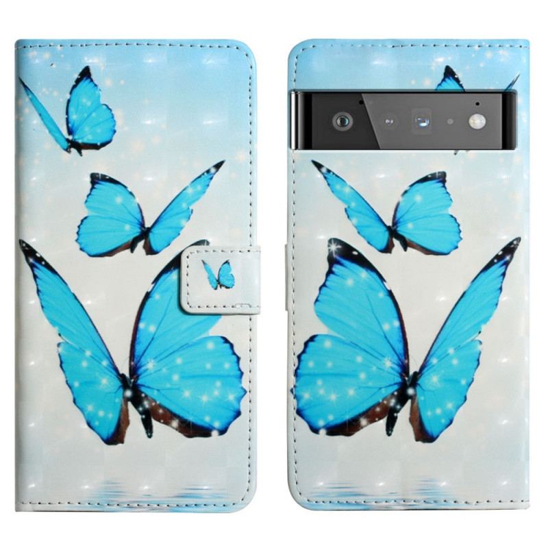 Læder Cover Google Pixel 6 Flyvende Blå Sommerfugle