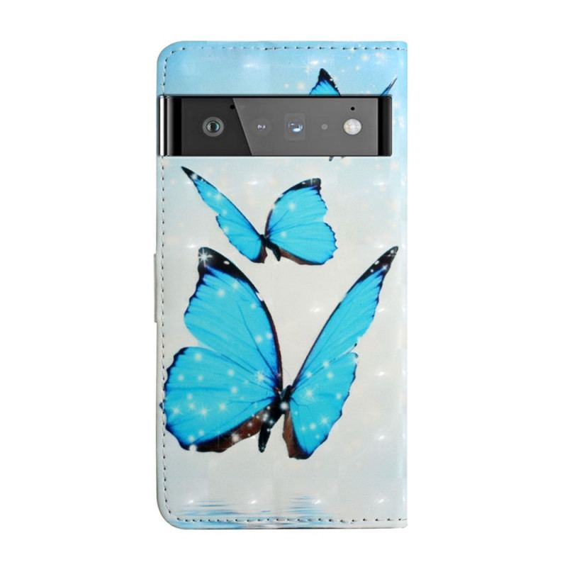 Læder Cover Google Pixel 6 Flyvende Blå Sommerfugle