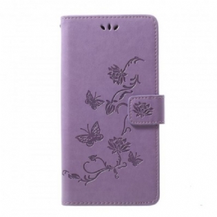 Læder Cover Samsung Galaxy A70 Med Snor Sommerfugle Og Blomsterrem
