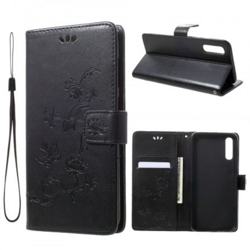 Læder Cover Samsung Galaxy A70 Med Snor Sommerfugle Og Blomsterrem