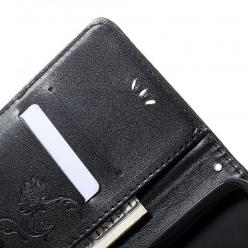 Læder Cover Samsung Galaxy A70 Med Snor Sommerfugle Og Blomsterrem