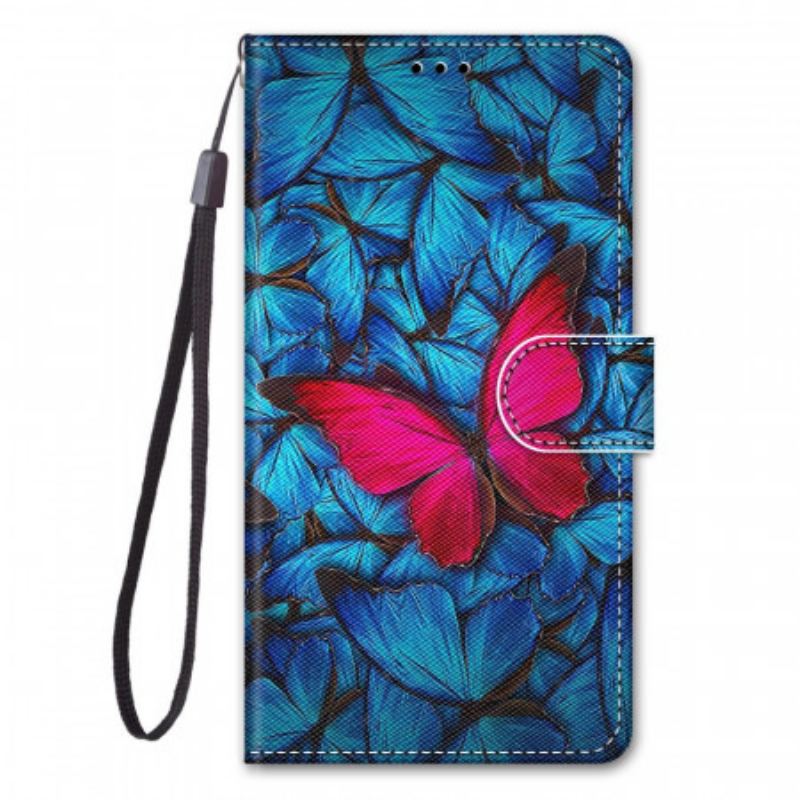 Læder Cover Samsung Galaxy A03 Core Rød Sommerfugl Blå Baggrund