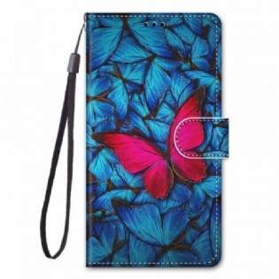 Læder Cover Samsung Galaxy A03 Core Rød Sommerfugl Blå Baggrund