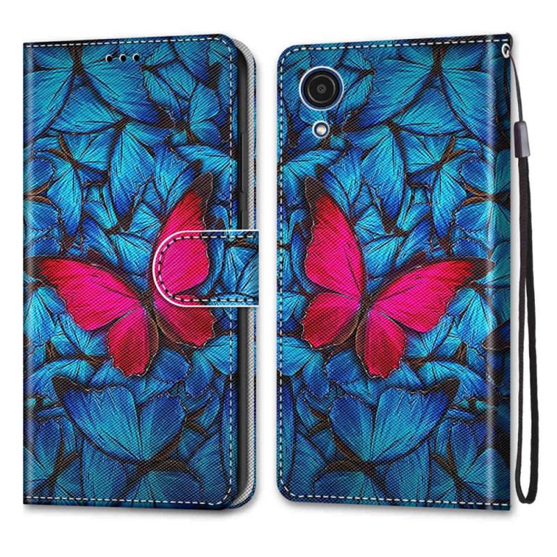 Læder Cover Samsung Galaxy A03 Core Rød Sommerfugl Blå Baggrund