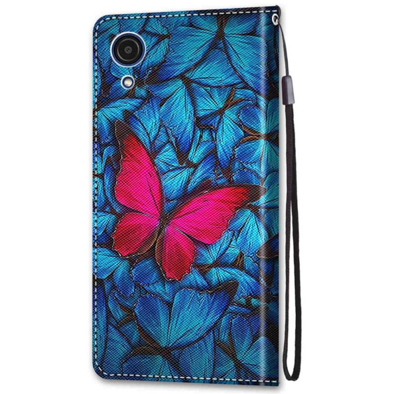 Læder Cover Samsung Galaxy A03 Core Rød Sommerfugl Blå Baggrund