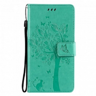 Flip Cover Oppo Reno 6 5G Med Snor Træ Og Strappy Kat