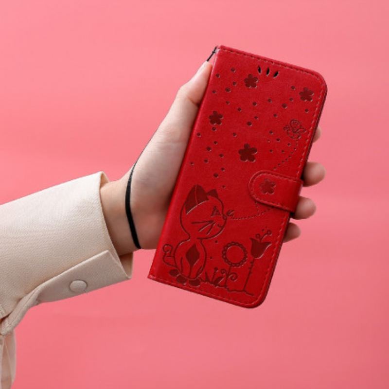 Læder Cover Oppo Reno 6 5G Med Snor Kat Og Bi Med Snor
