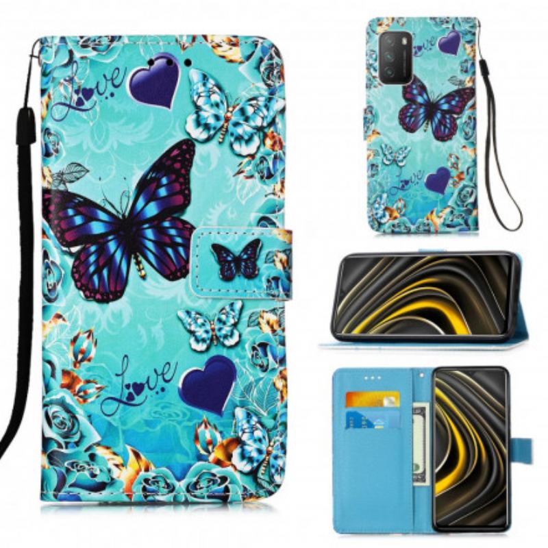 Læder Cover Poco M3 Med Snor Elsker Butterflies Strappy