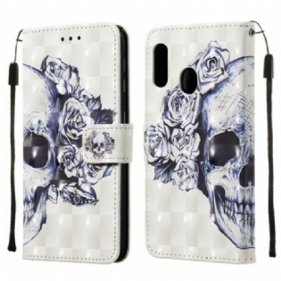 Læder Cover Samsung Galaxy A20e Blomstrende Kranie