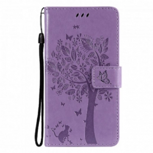 Flip Cover Realme C21 Med Snor Træ Og Strappy Kat