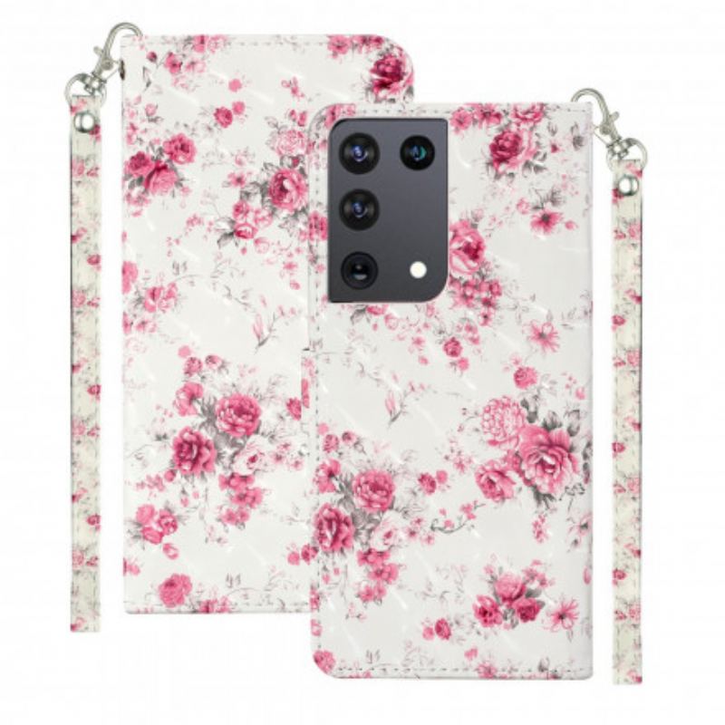 Flip Cover Samsung Galaxy S21 Ultra 5G Med Snor Strap Light Spot Flowers