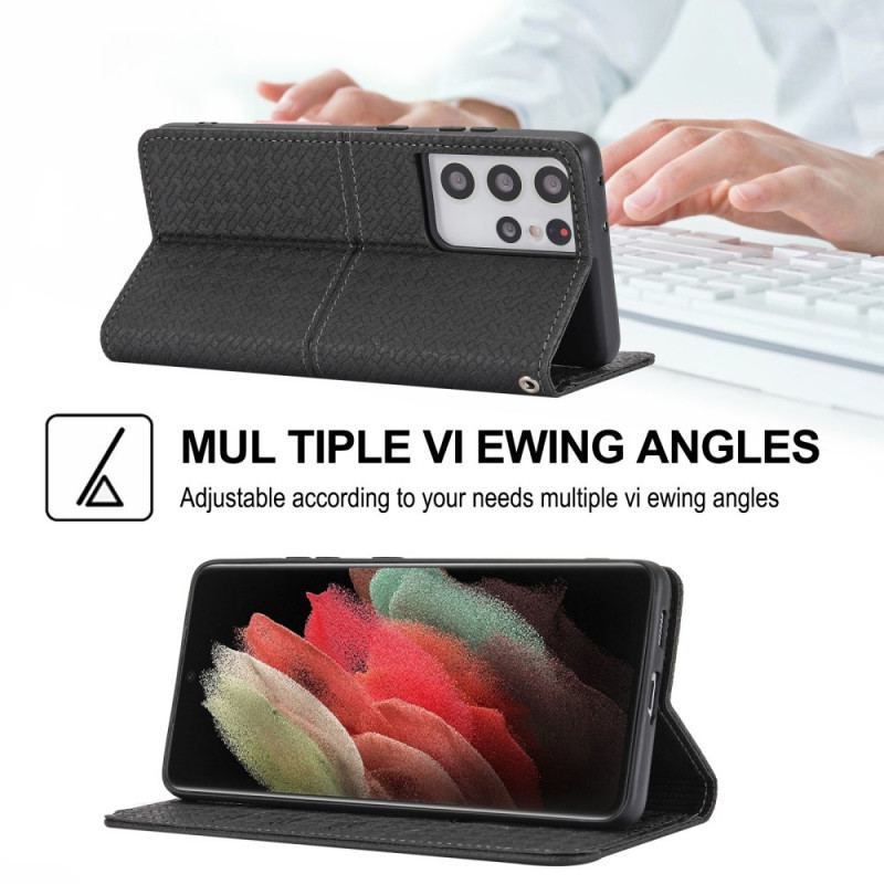 Flip Cover Samsung Galaxy S21 Ultra 5G Med Snor Strappy Vævet Læder Stil