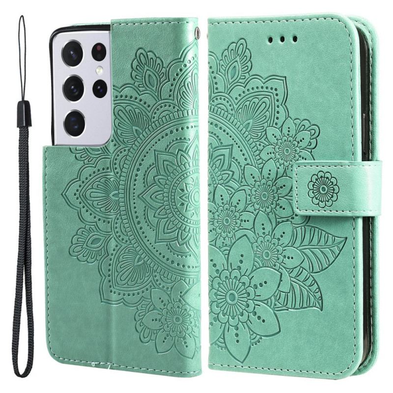 Læder Cover Samsung Galaxy S21 Ultra 5G Blomster Mandala