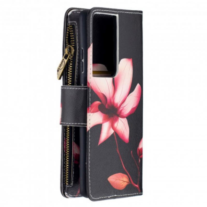 Læder Cover Samsung Galaxy S21 Ultra 5G Blomsterlomme Med Lynlås