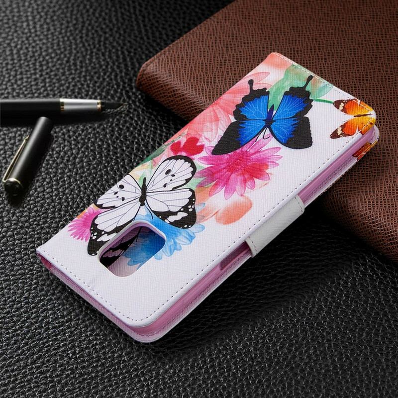 Læder Cover Xiaomi Redmi Note 9S / 9 Pro Malede Sommerfugle Og Blomster