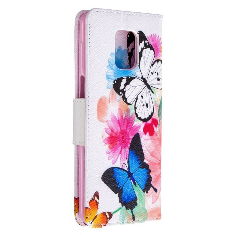 Læder Cover Xiaomi Redmi Note 9S / 9 Pro Malede Sommerfugle Og Blomster