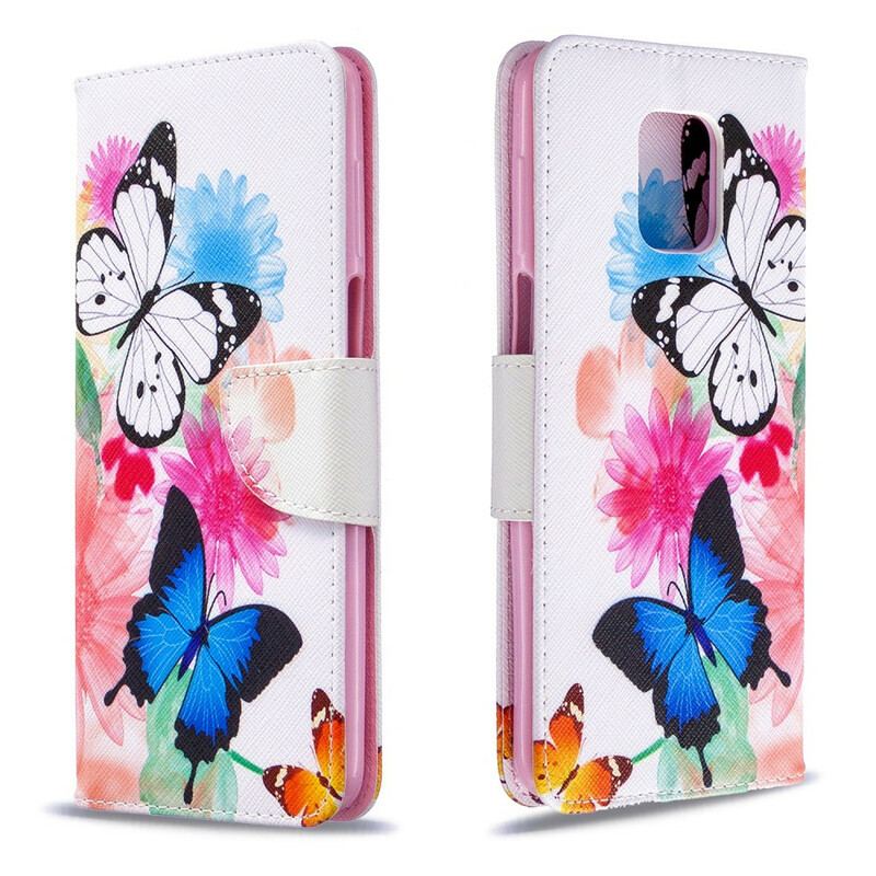 Læder Cover Xiaomi Redmi Note 9S / 9 Pro Malede Sommerfugle Og Blomster
