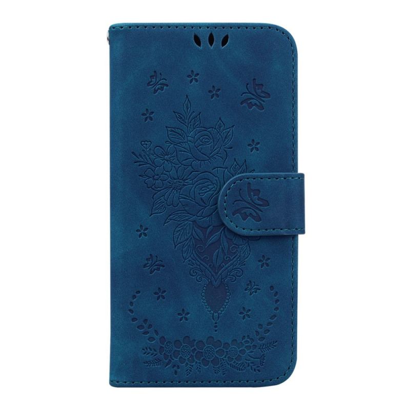 Læder Cover Samsung Galaxy A14 / A14 5G Med Snor Strappy Roser Og Sommerfugle