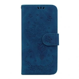 Læder Cover Samsung Galaxy A14 / A14 5G Med Snor Strappy Roser Og Sommerfugle