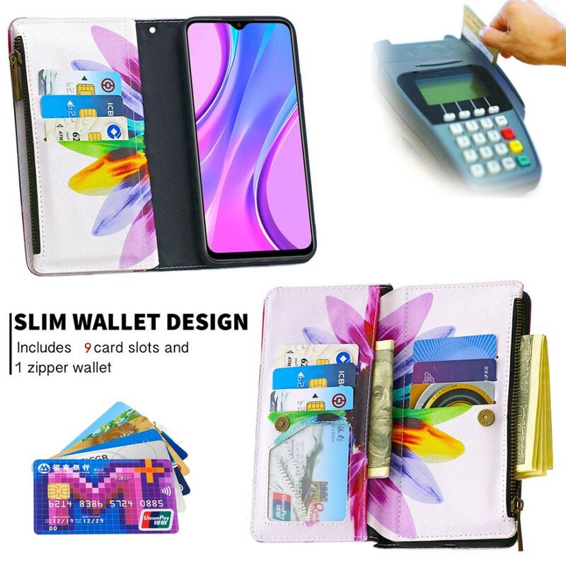 Flip Cover Xiaomi Redmi 9 Blomsterlomme Med Lynlås