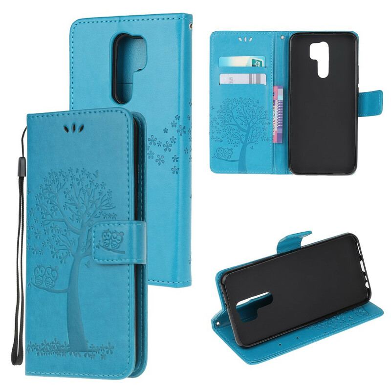 Flip Cover Xiaomi Redmi 9 Med Snor Thong Træ Og Ugler