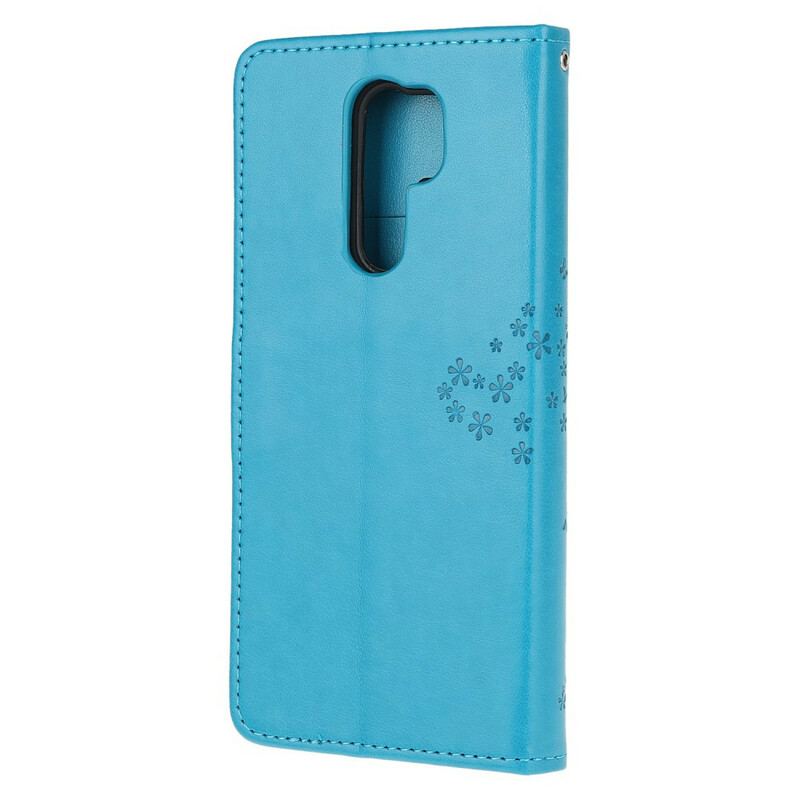 Flip Cover Xiaomi Redmi 9 Med Snor Thong Træ Og Ugler