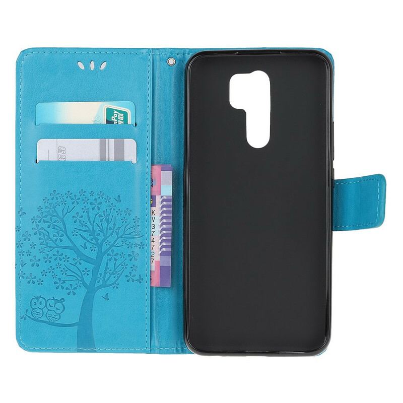 Flip Cover Xiaomi Redmi 9 Med Snor Thong Træ Og Ugler