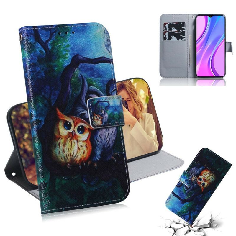 Læder Cover Xiaomi Redmi 9 Maleri Af Ugler