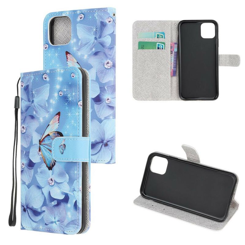 Flip Cover iPhone 12 Mini Med Snor Strappy Diamond Sommerfugle